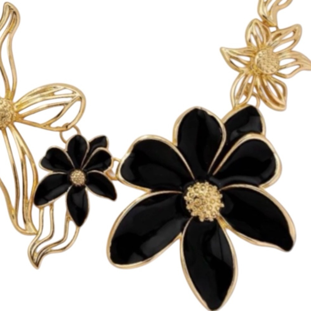 Bold Statement Flower Pendant Necklace Gold Tone with Black Enamel Flower Petals - Picture 8 of 10